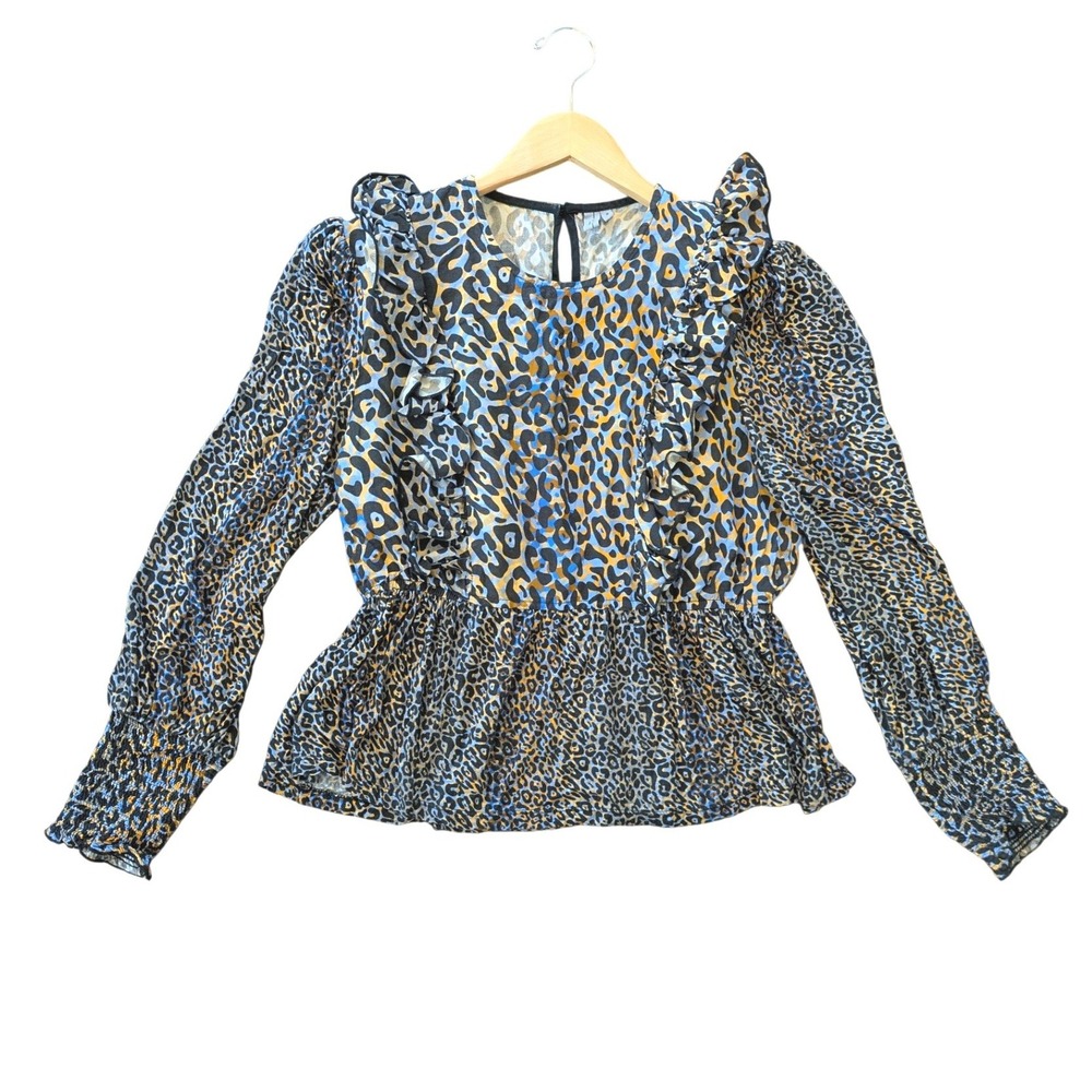 Blank London Anthropologie Leopard Print Peplum Top Womens Medium Ruffle Flowy